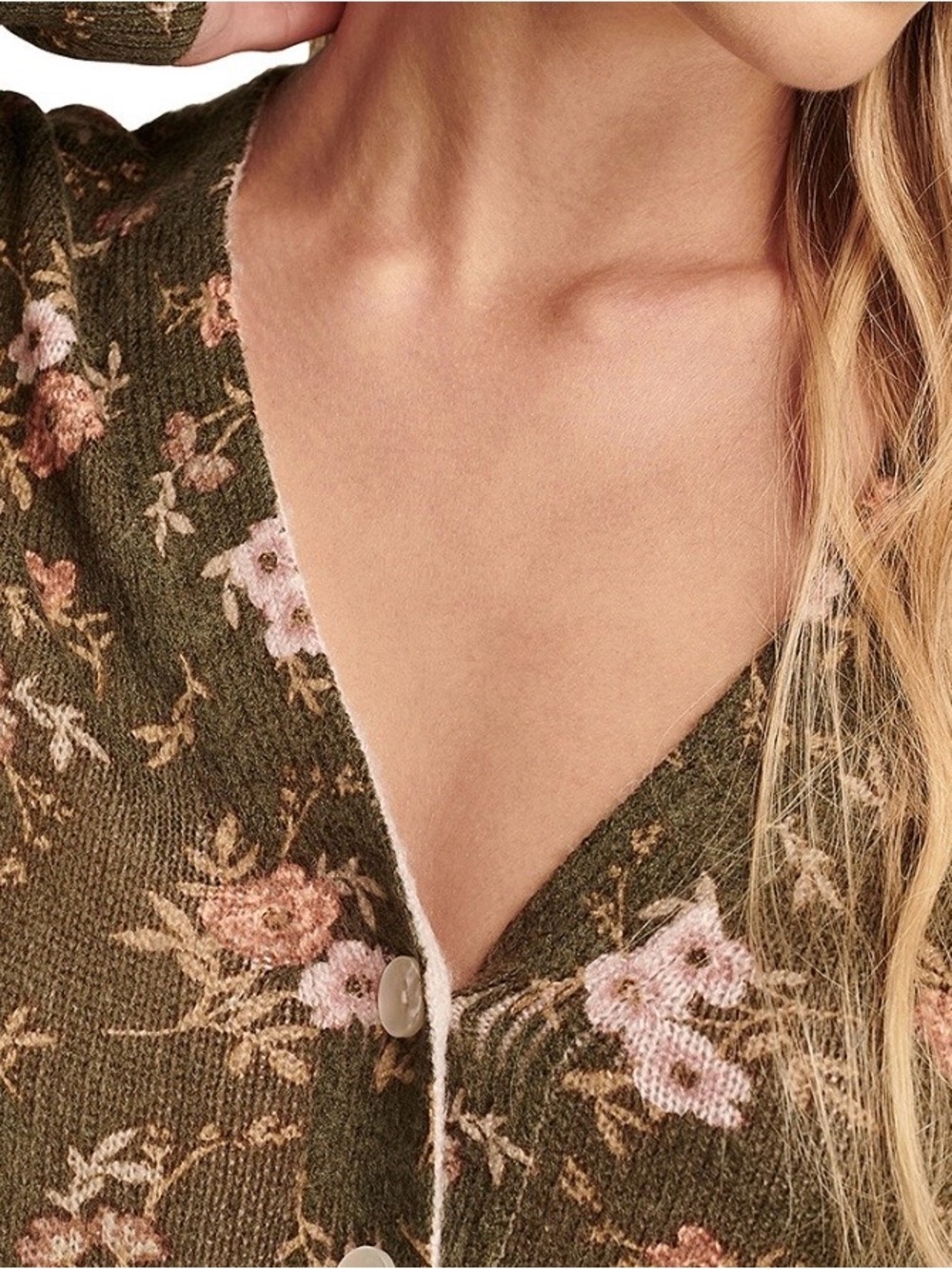 Lucky Brand Olive Green Floral V‑Neck Button Cardigan - Picture 4 of 6